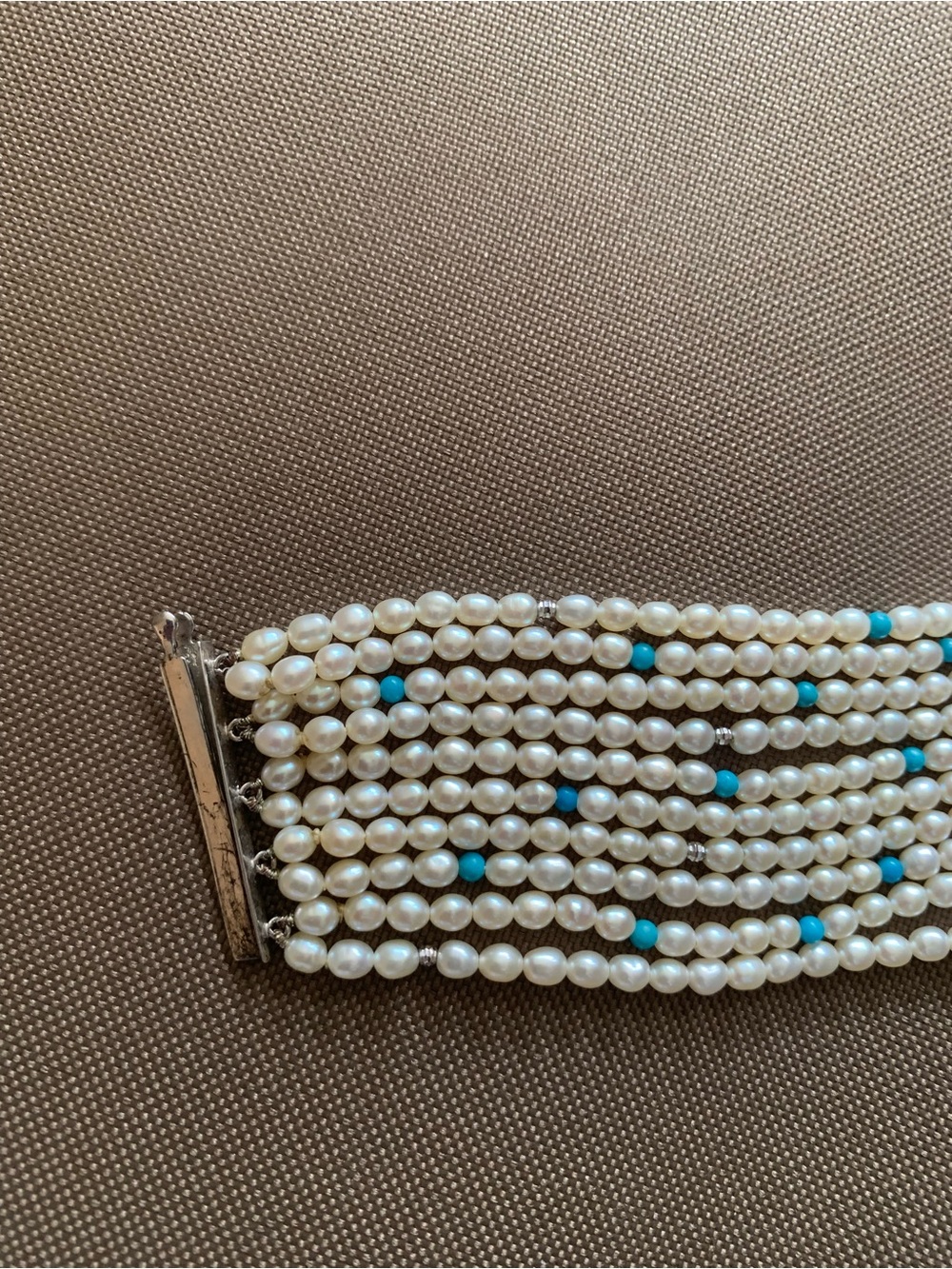 Multi-Strand White Pearl and Turquoise Bead Bracelet